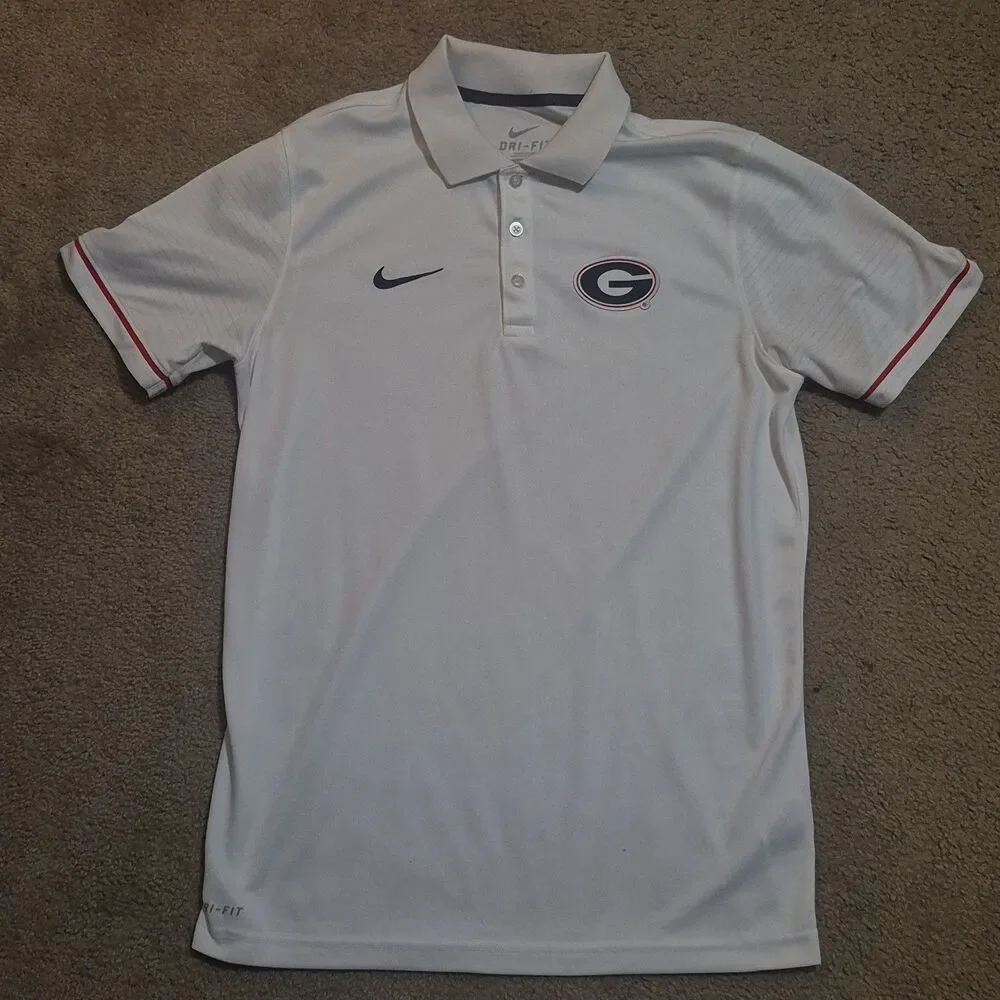 Georgia Bulldogs White Polo Shirt Men's Medium Nike Dri-Fit Striped Short Sleeve